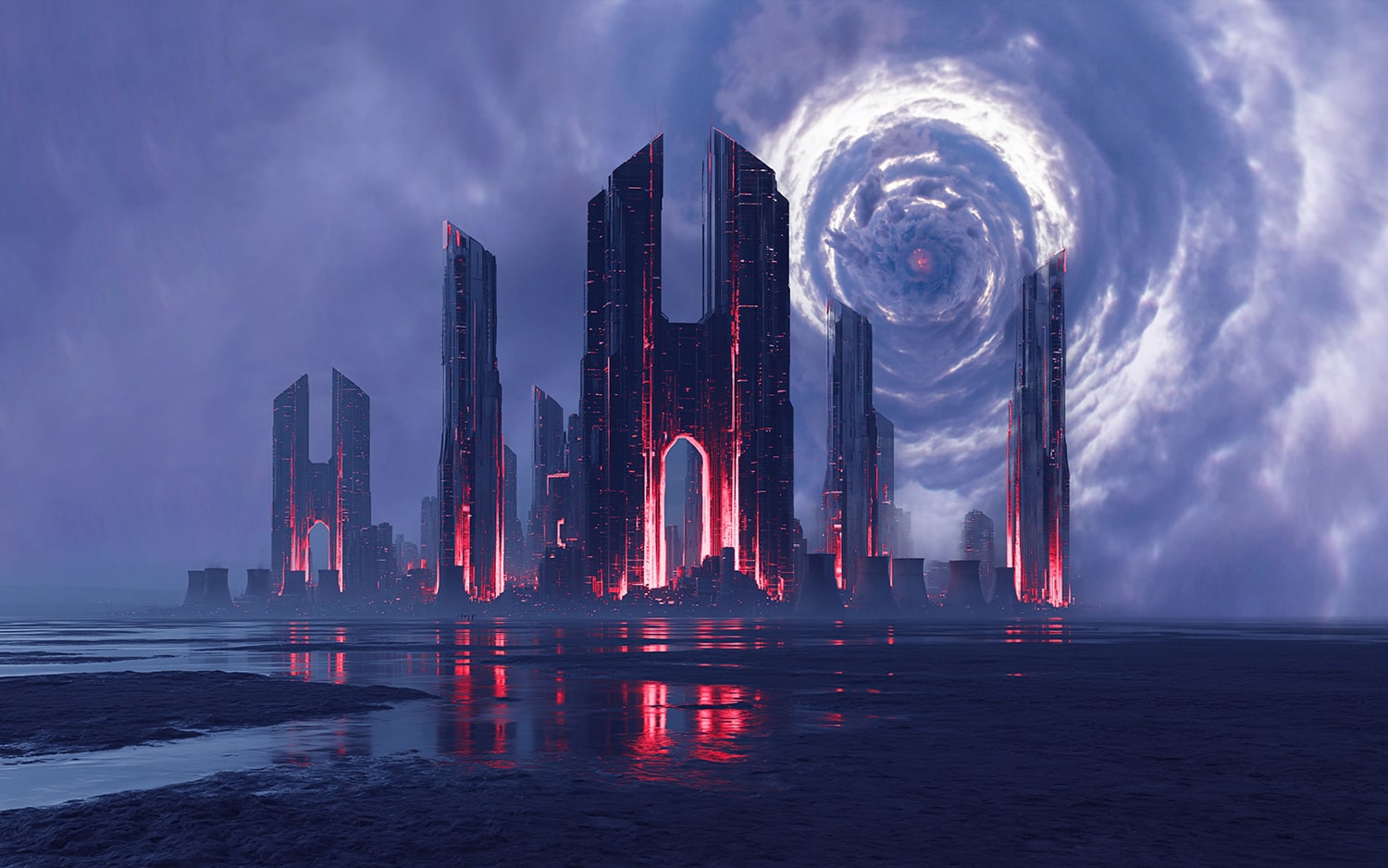 A red-lit sci-fi city beside a swirling storm