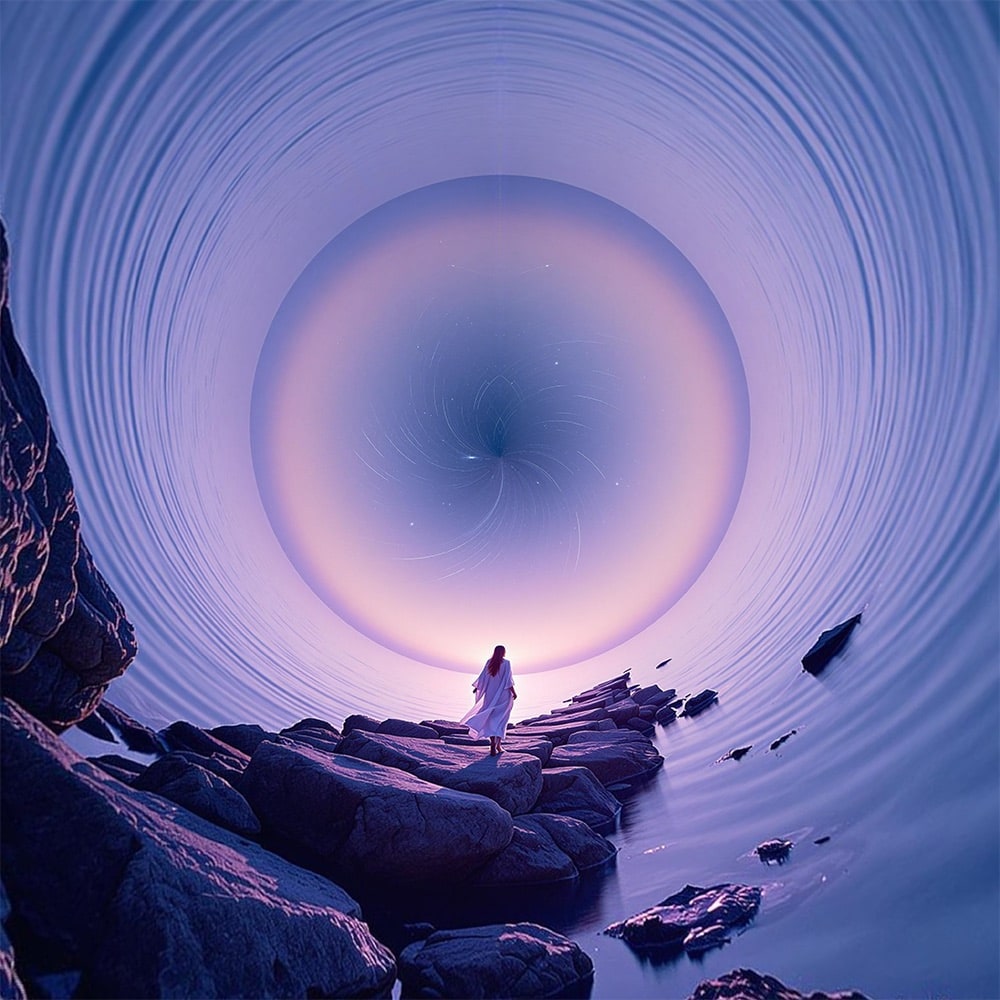 A figure walking toward a glowing tunnel of sky