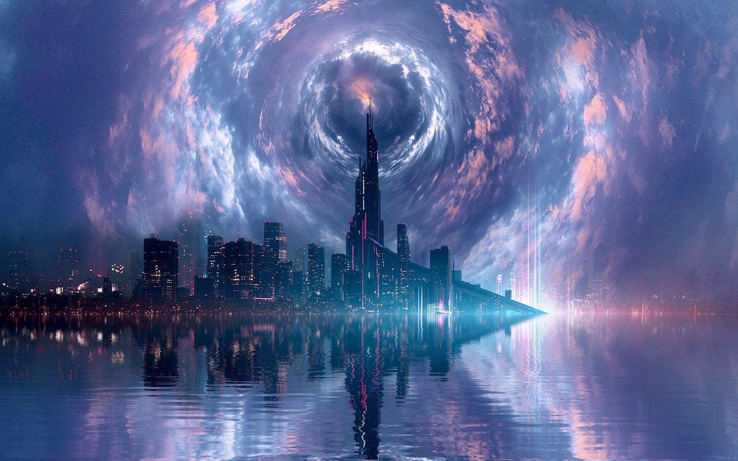 A neon spire under a spiral sky