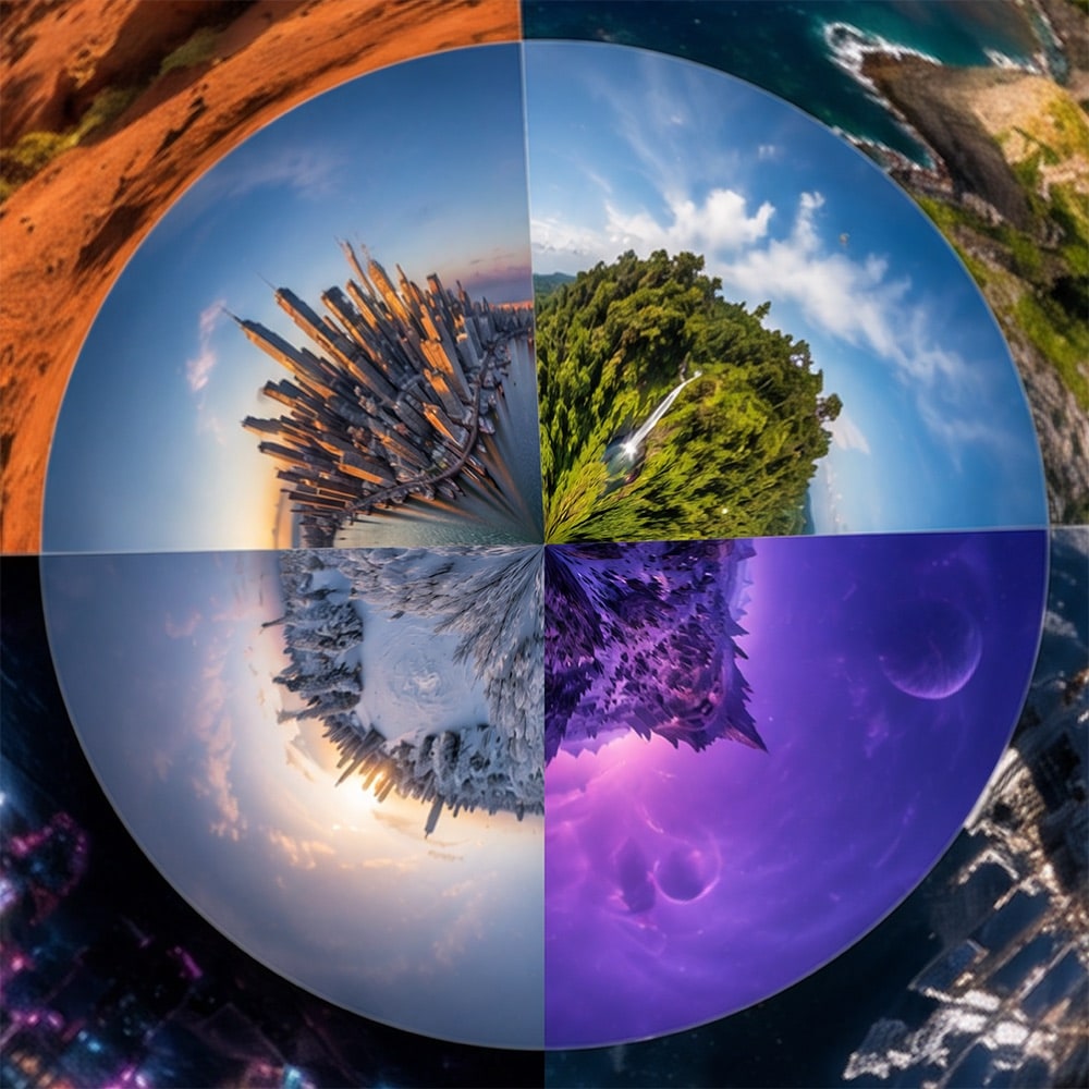 A neon city skyline projected into a tiny planet