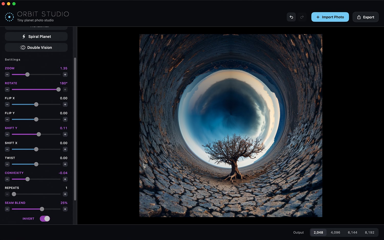 The same tree photo turned inside-out into a tunnel looking up at the sky