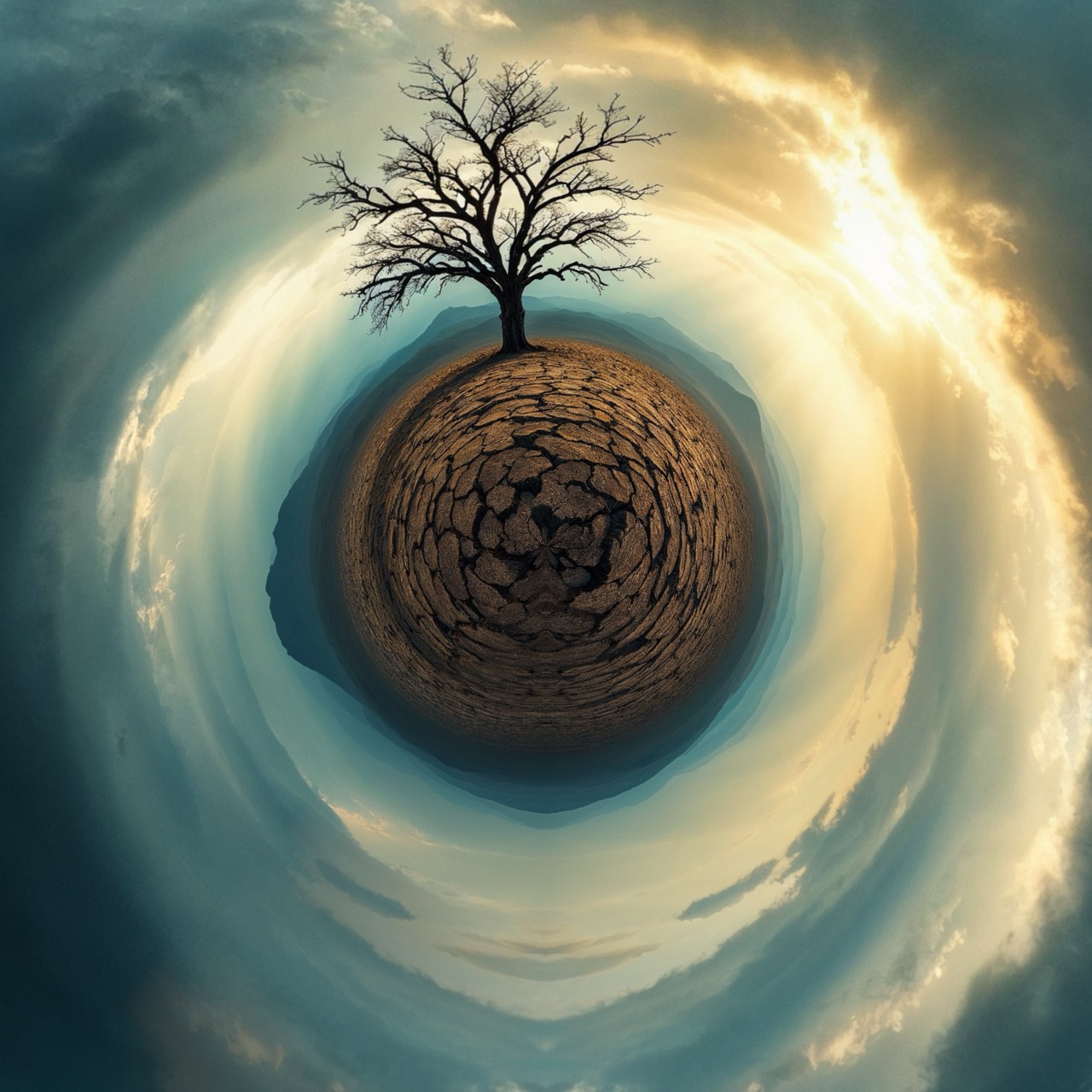 A lone tree on a planet of cracked earth