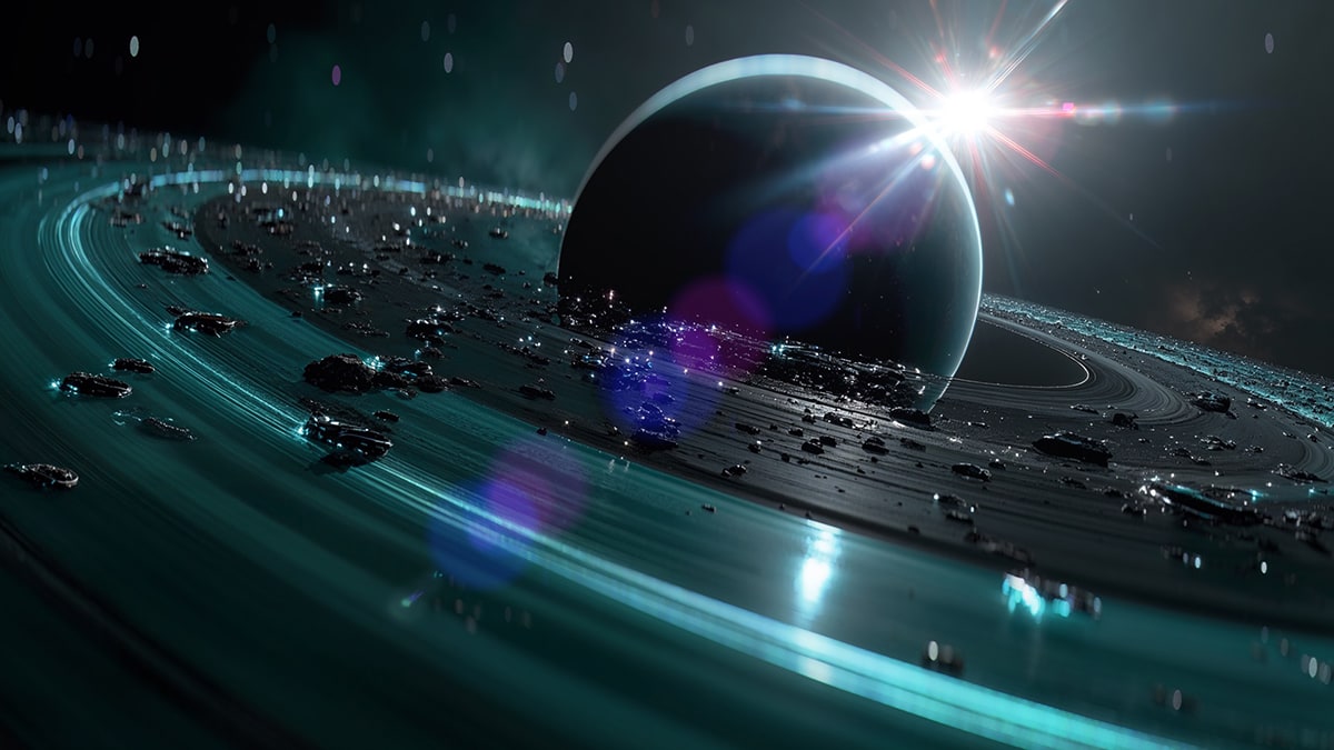 Ringed planet with star flare