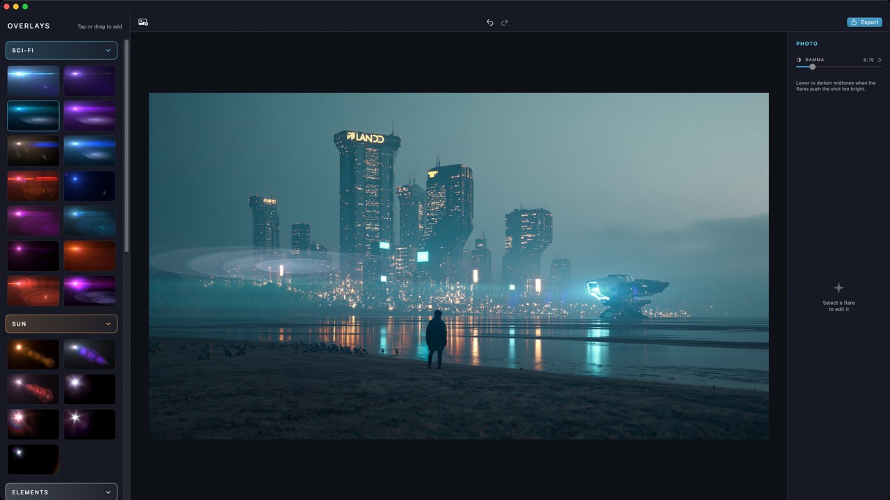 Flare Studio editor: the photo panel with the gamma slider, on a misty sci-fi skyline