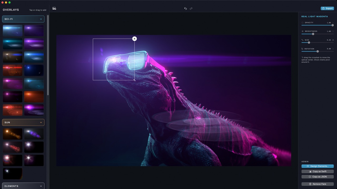 Flare Studio editor: a magenta anamorphic flare on an iguana wearing LED sunglasses