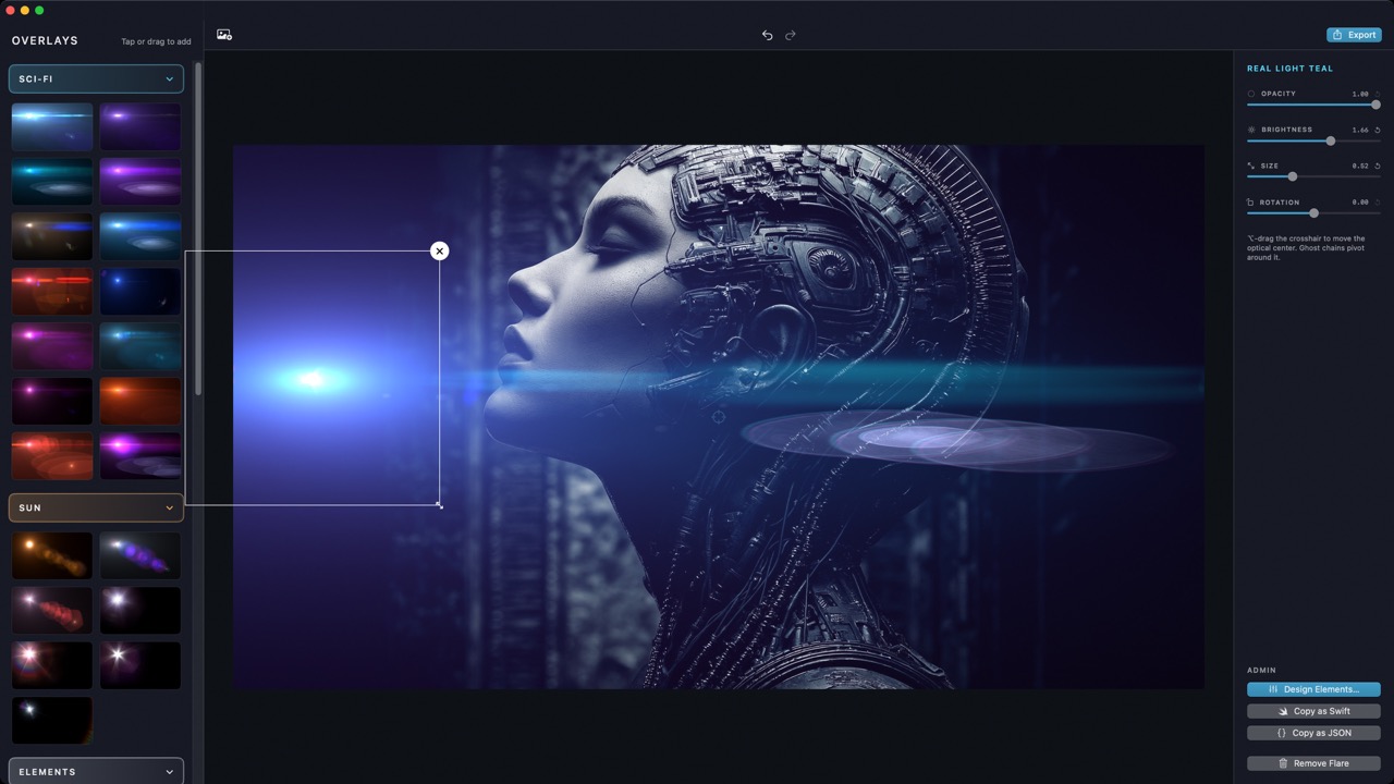 Flare Studio editor: a teal flare selected on a biomechanical portrait, with opacity, brightness, size and rotation sliders