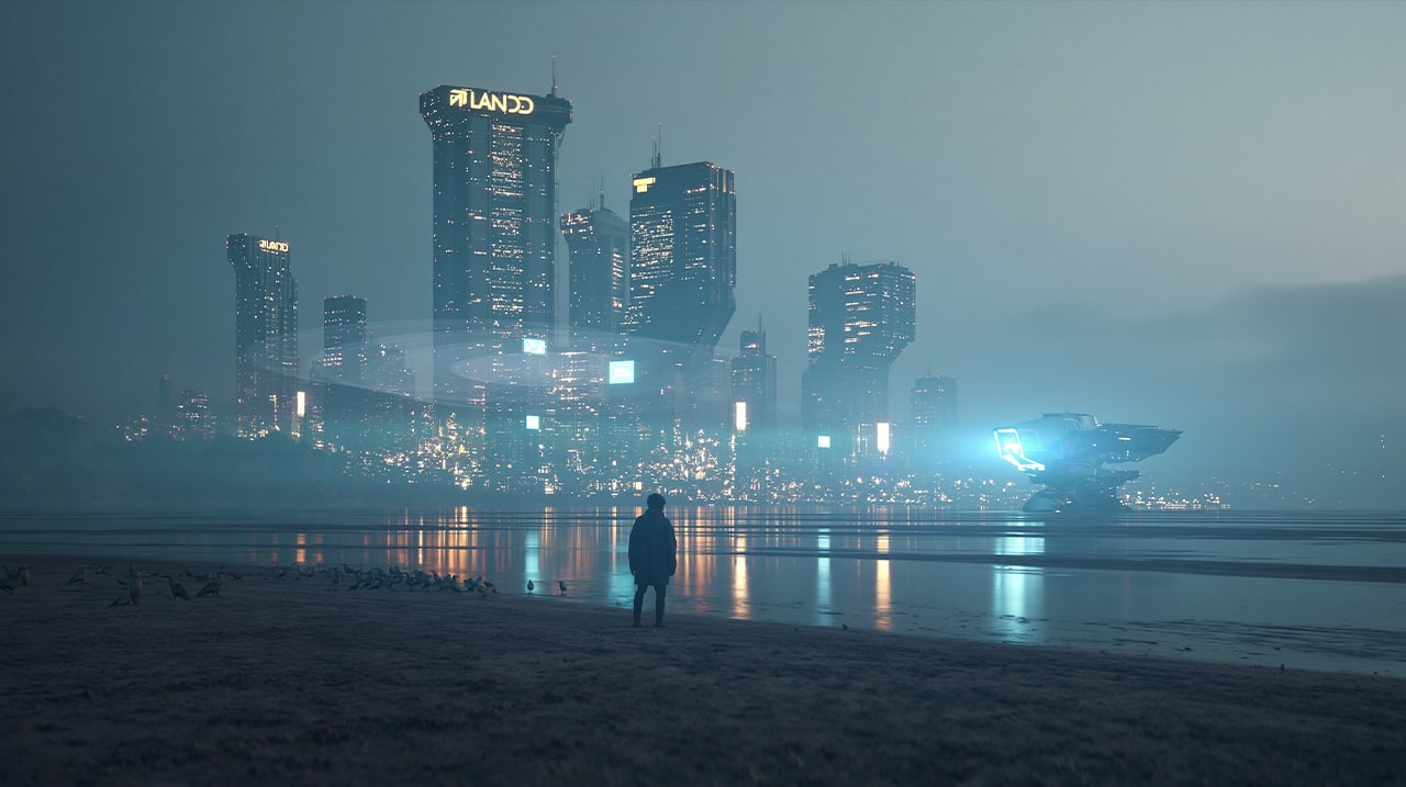 Sci-fi city with purle flare