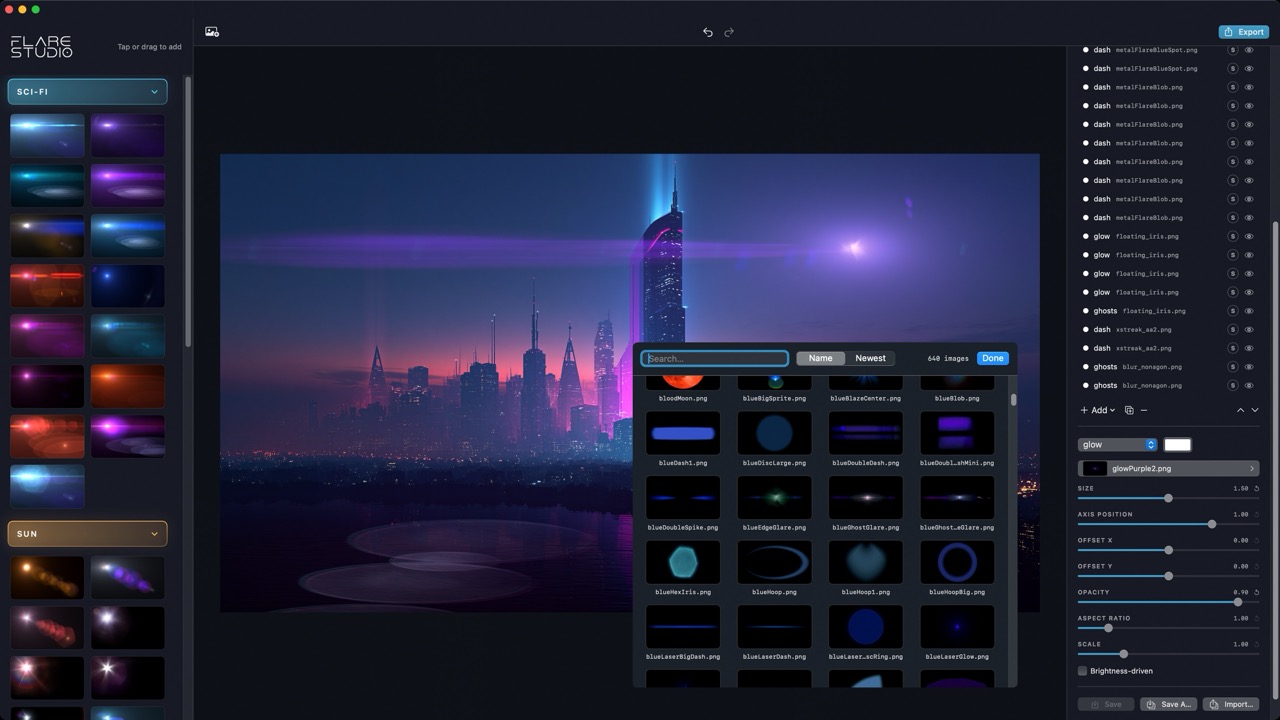 Flare Studio editor: controls for each flare element