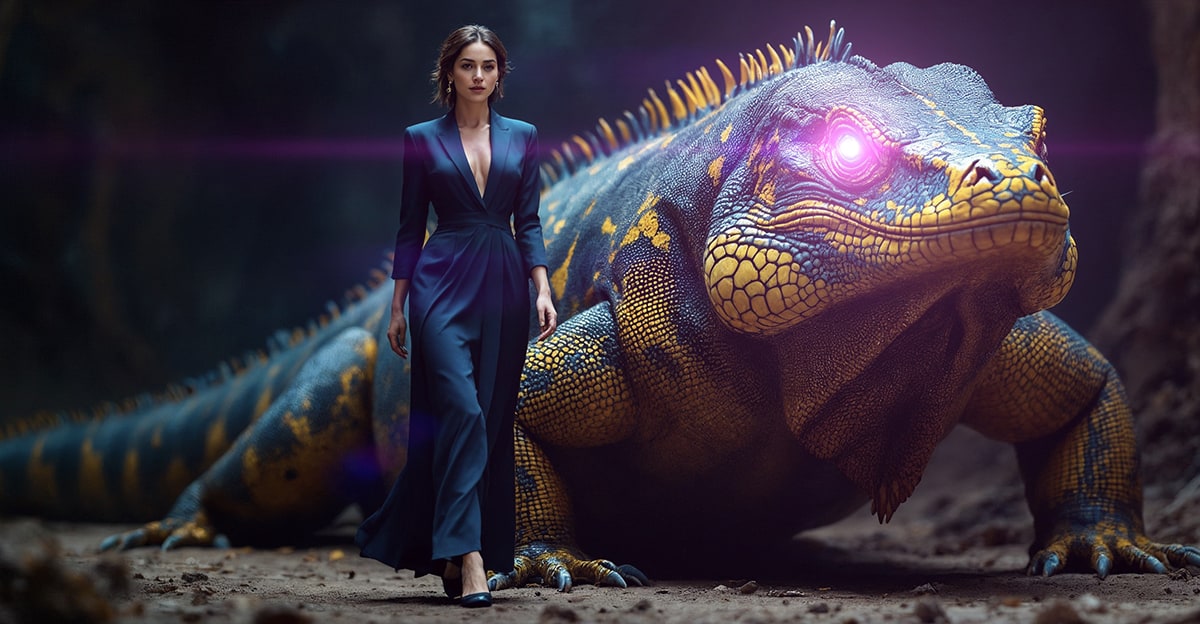 A woman in a blue suit walks beside a colossal lizard with a glowing violet eye